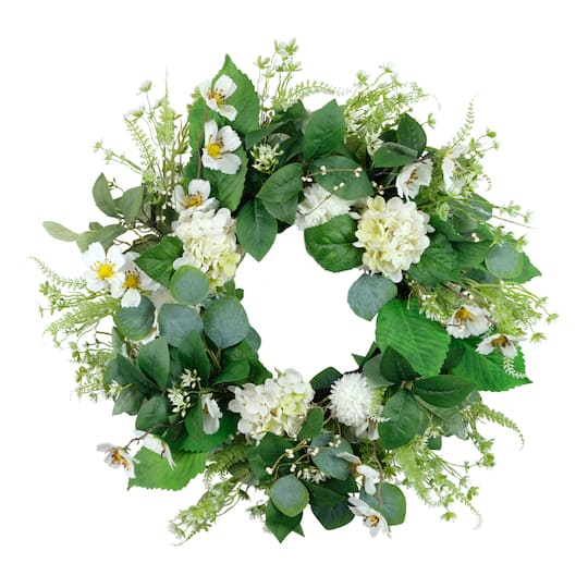 Puleo International; 24" White Spring Hydrangea & Dogwood Floral Wreath; Category:Spring Floral Wreaths; Image:1
